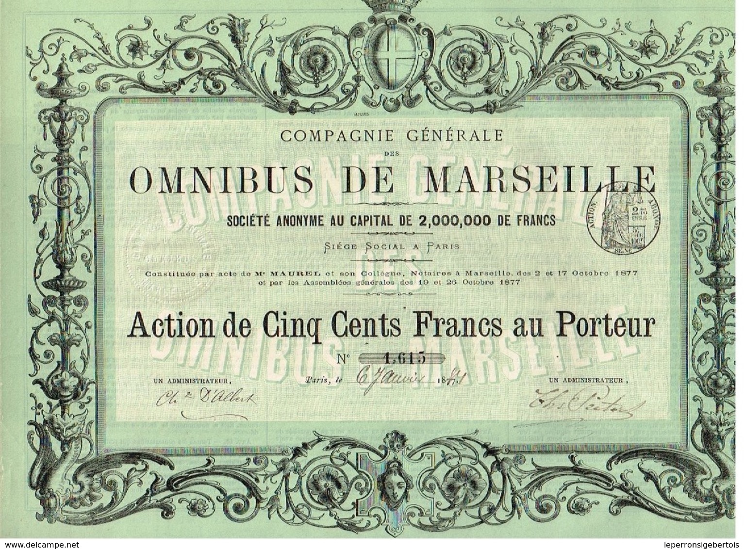 Ancienne Action - Compagnie Générale Des Omnibus De Marseille - Titre Délivré En 1884 - N°1615 - Spoorwegen En Trams