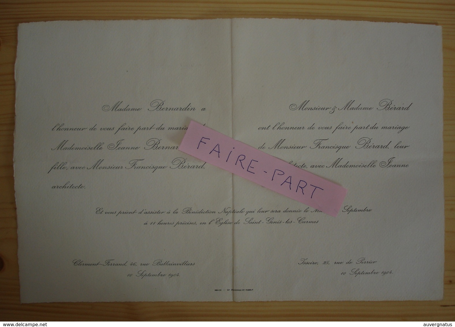 FAIRE-PART MARIAGE 1904 BERARD # BERNARDIN Issoire Clermont-Ferrand Auvergne * - Mariage