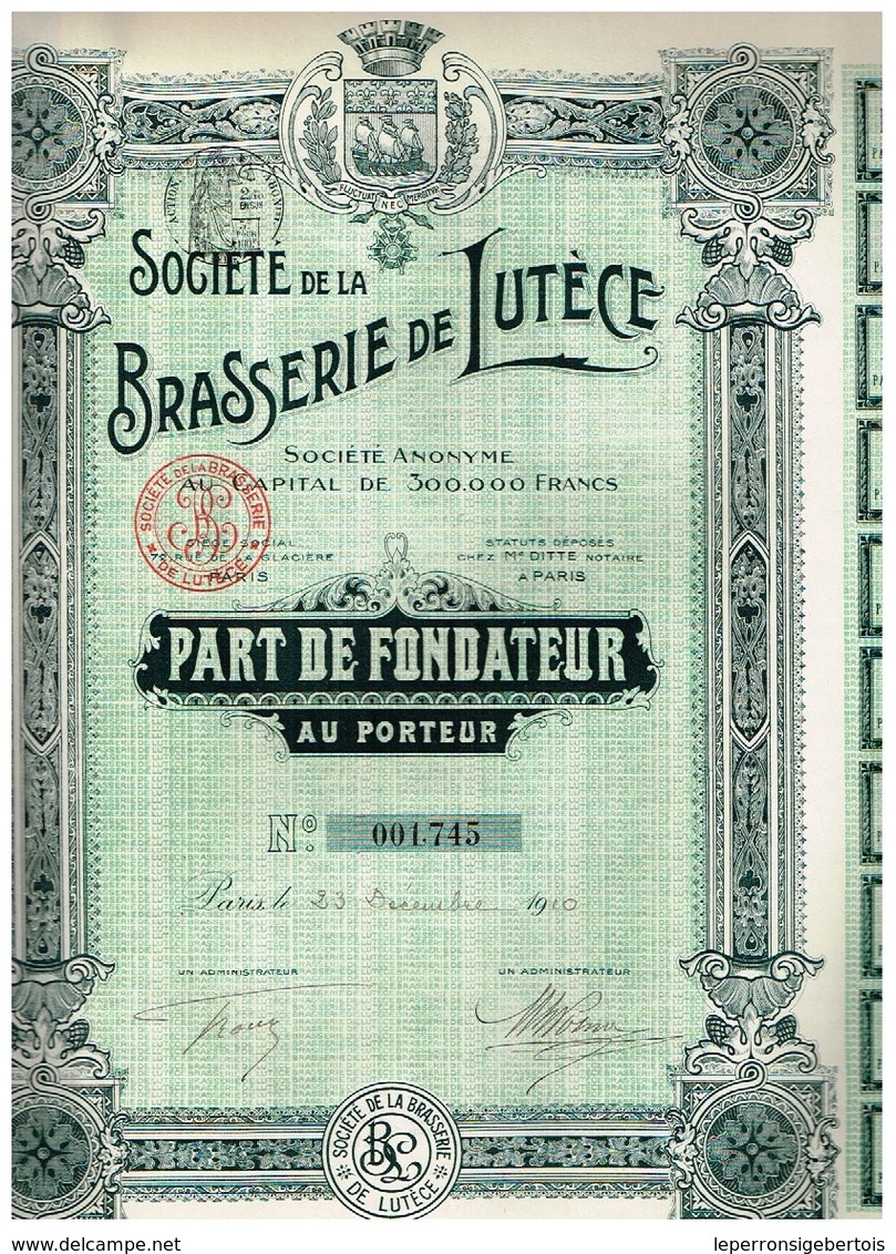 Ancienne Action - Société Dela Brasserie De Lutèce - Titre Délivré En 1910 - N°001745 - Industry