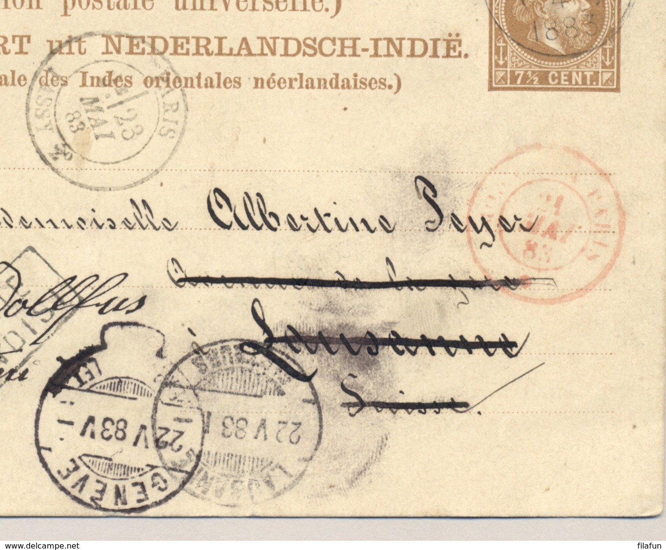 Nederlands Indië - 1883 - 7,5 Cent Briefkaart Van KR Kota-Radja Via NI Exp Kant PENANG En Brindisi Naar Lausanne & Paris - Nederlands-Indië