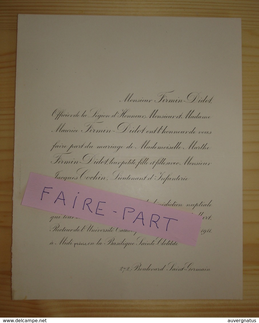 FAIRE-PART MARIAGE 1911 COCHIN # FIRMIN-DIDOT BAUDRILLART Sainte-Clotilde Paris - Mariage