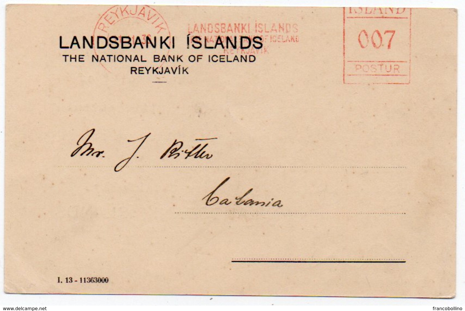 ICELAND - THE LANDSBANKI ISLANDS/NATIONAL BANK OF ICELAND 1936 - RED METER / EMA - Franking Labels