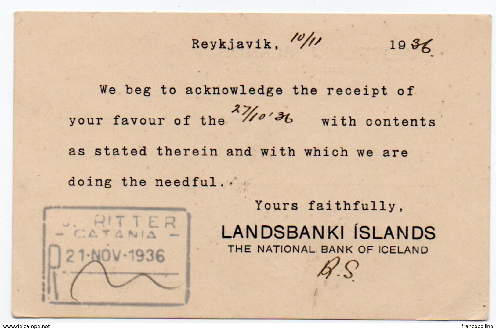 ICELAND - THE LANDSBANKI ISLANDS/NATIONAL BANK OF ICELAND 1936 - RED METER / EMA - Franking Labels