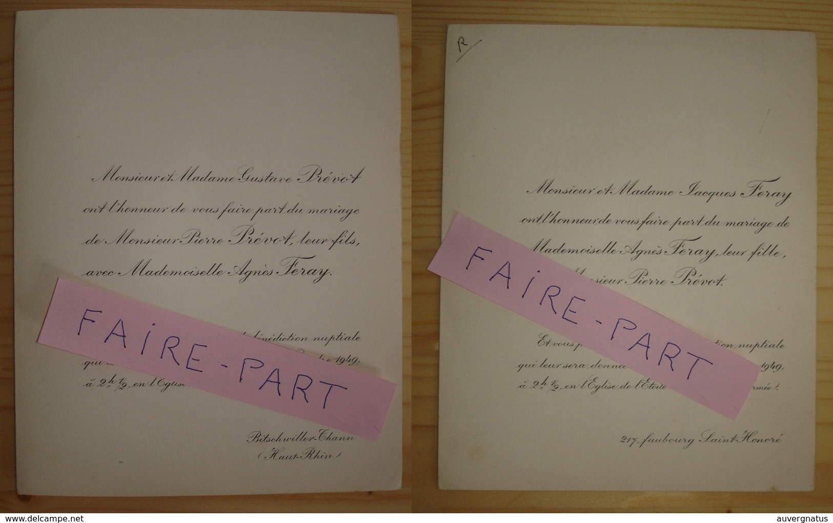 FAIRE-PART MARIAGE 1949 PREVOT # FERAY Paris Bitschwiller-Thann Haut-Rhin - Mariage