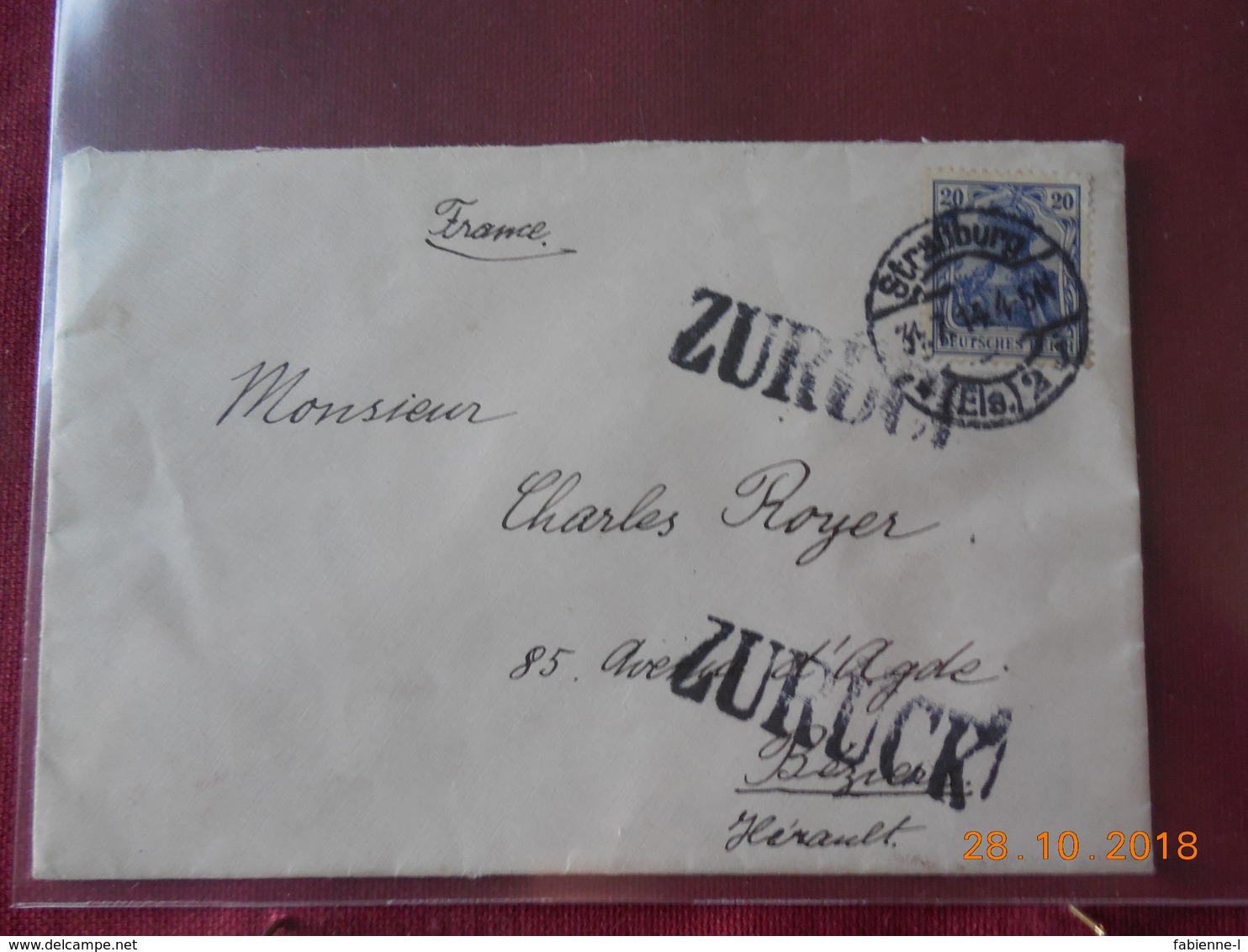 Lettre Allemande De Strasbourg De 1914 Pour Beziers Avec Surcharge ZURUCK - Covers & Documents