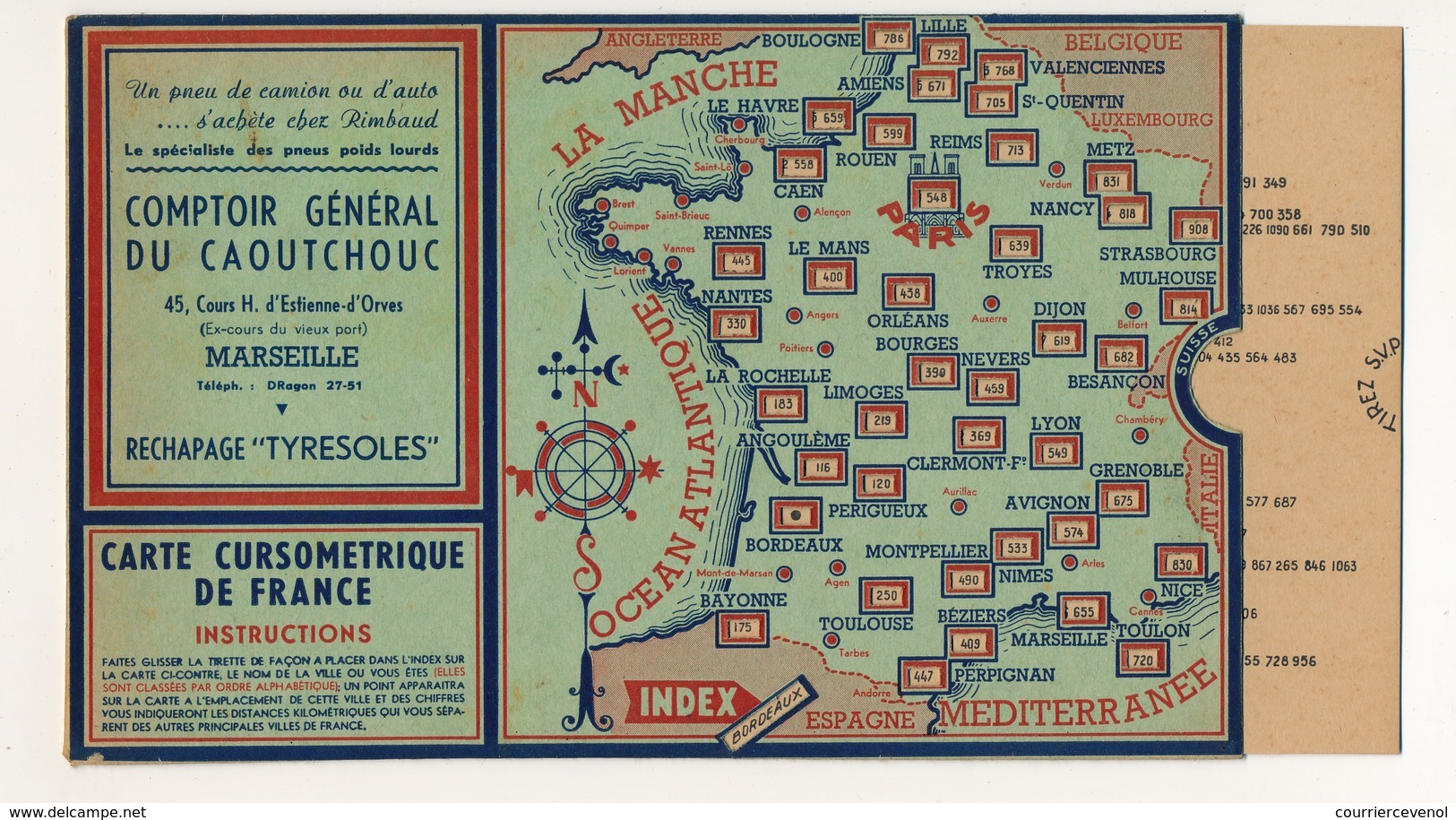 Carte Cursométrique De France - Comptoir Général Du Caoutchouc Marseille - Publicité Scientifique Bobinet / Lyon - Advertising