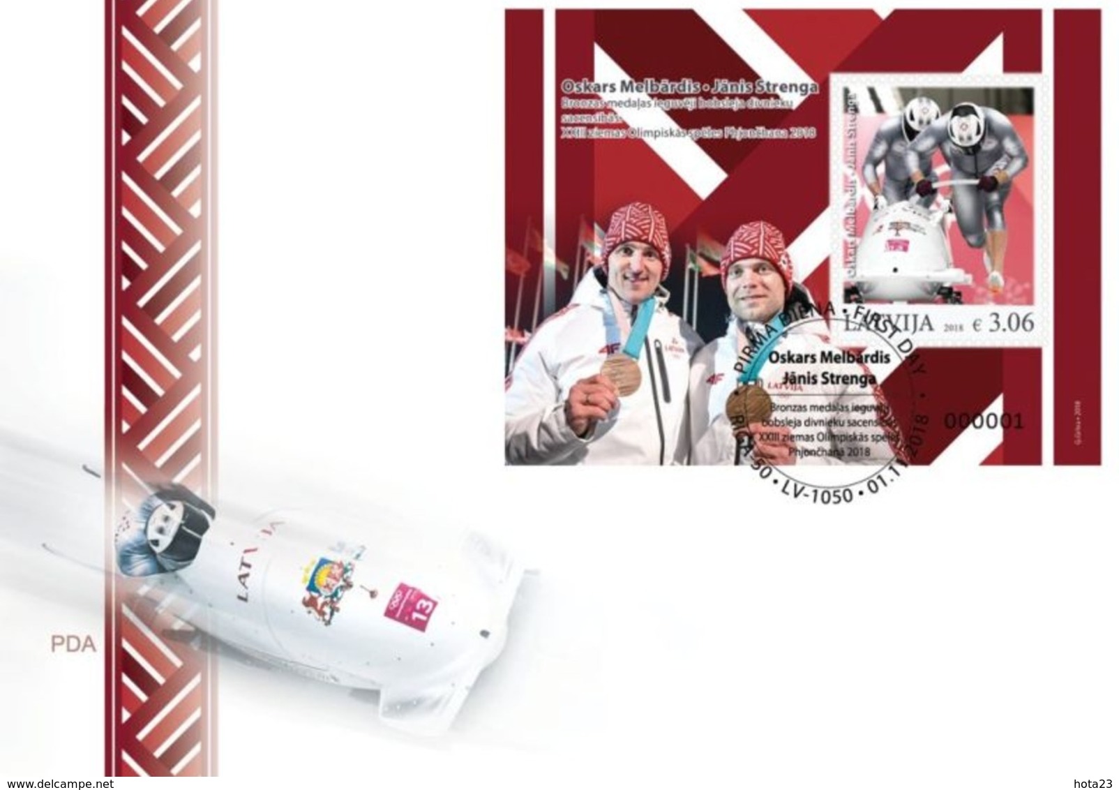 Latvia Lettland Lettonie 2018 Winter Olympic Games  - Latvian Medal Winners - Bronze Bobsleigh FDC - Hiver 2018 : Pyeongchang