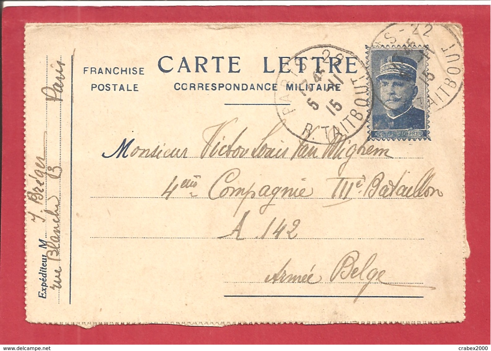 Y&T N°FM CARTE LETTRE PARIS Vers A142 ARMEE BELGE 1915 3 SCANS - Armée Belge