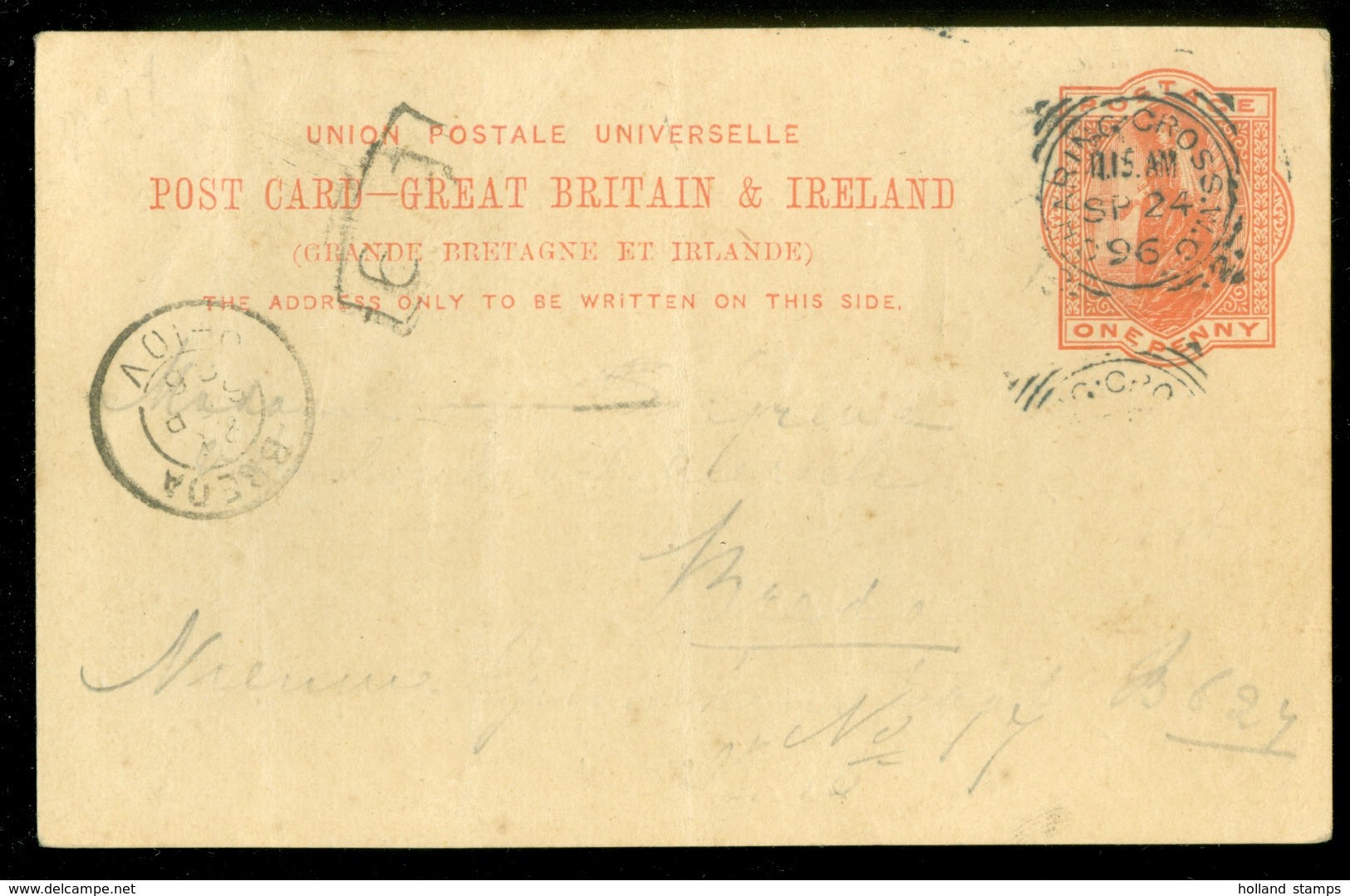 GREAT BRITAIN 1896 * POST CARD * STATIONERY * Charing Cross To Breda * ONE PENNY (11.450w) - Postwaardestukken