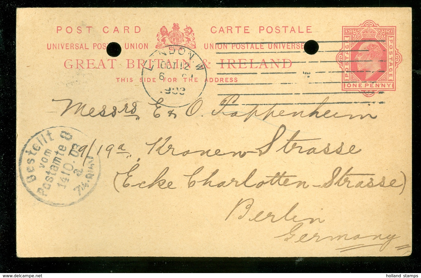 GREAT BRITAIN 1903 * POST CARD * STATIONERY * LONDON To BERLIN * ONE PENNY (11.450v) - Postwaardestukken