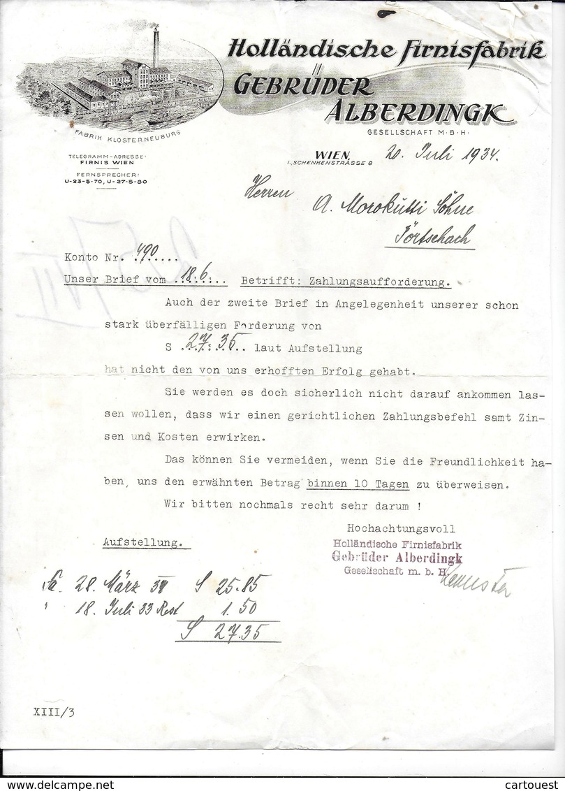 WIEN,1934 Fabrik Klosterneuburg - Holländische Firnisfabrik - Gebruder Alberdingk - Invoice Faktura - Austria Wien - Autriche