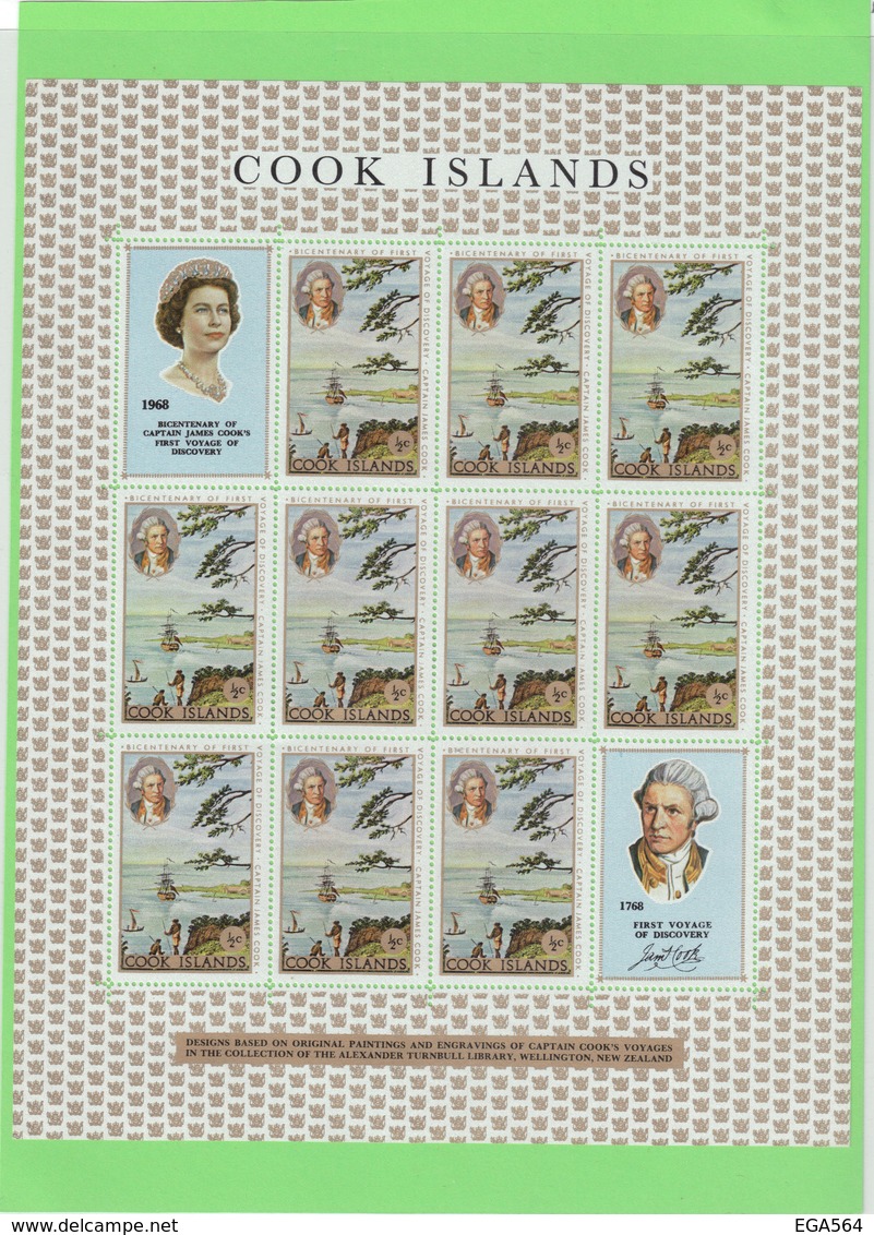 CHor - Cook Island - PO182** MNH De 1968 Feuille Complète. JAMES COOK Et Baie De MATAVAÏ -Tahiti.(Sydney Parkinson) - Cook