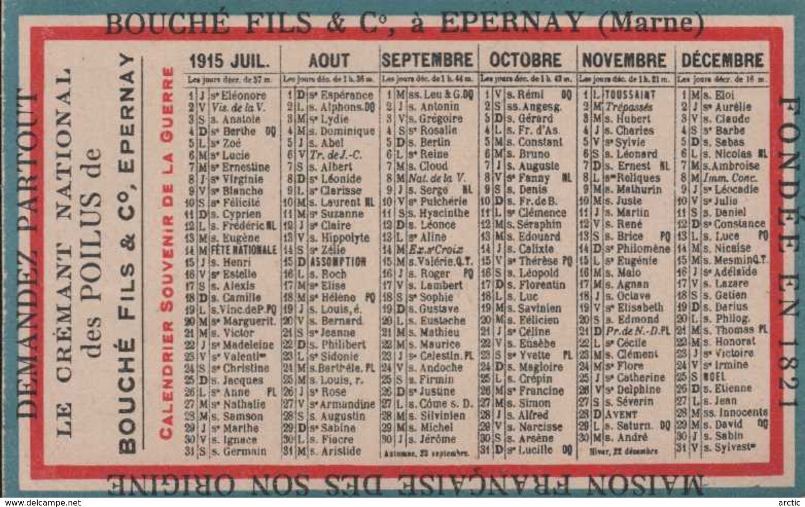 Calendrier Petit Format 10 X 6 Champagne Et Crémant Des Poilus De Bouché Fils Epernay - Petit Format : 1901-20