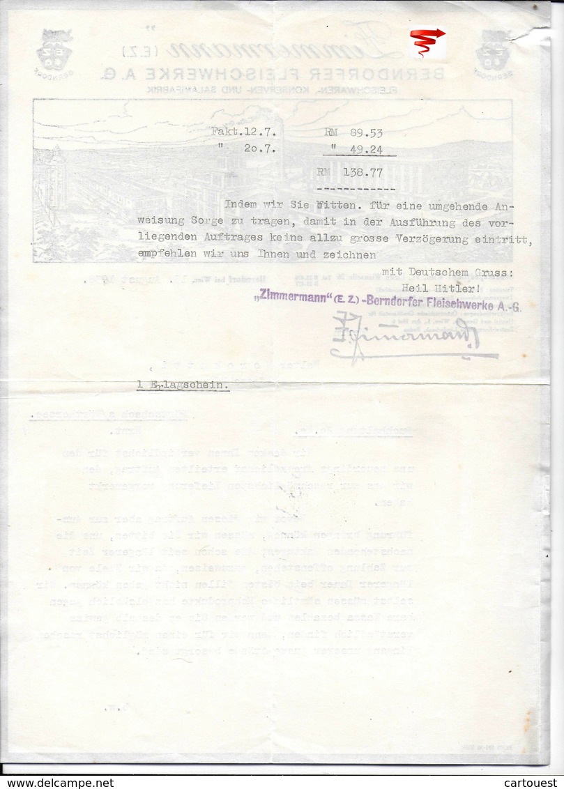 WIEN,1938 E.Z.BERNDORF - FIRMMERMANN ( E.Z. ) - BERNDORFER FLEISCHWERKE A. G.  - Invoice Faktura - Austria Wien - Autriche