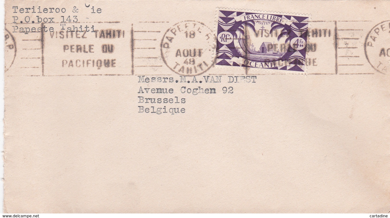 Lettre Tahiti (Papeete) - Timbre Océanie (France Libre)  N° 165 - 1948 - Tahiti