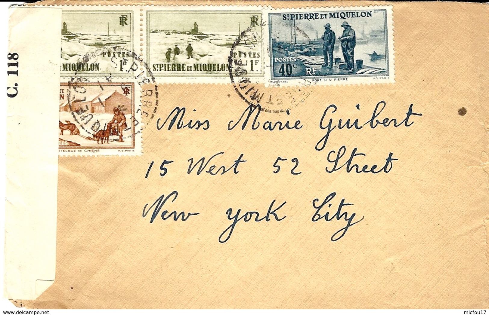 1-6-41 - Enveloppe De St Pierre Et Miquelon Pour New York Affr. Composé à 2,50 F. Censure Américaine - Lettres & Documents