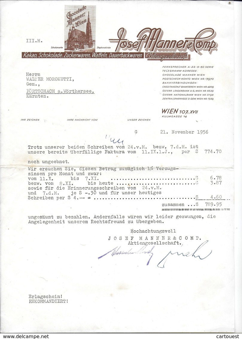 WIEN,1956 CHOCOLATE MANNER - JOSEPH MANNER COMP -  - Invoice Faktura - Austria Wien - Autriche