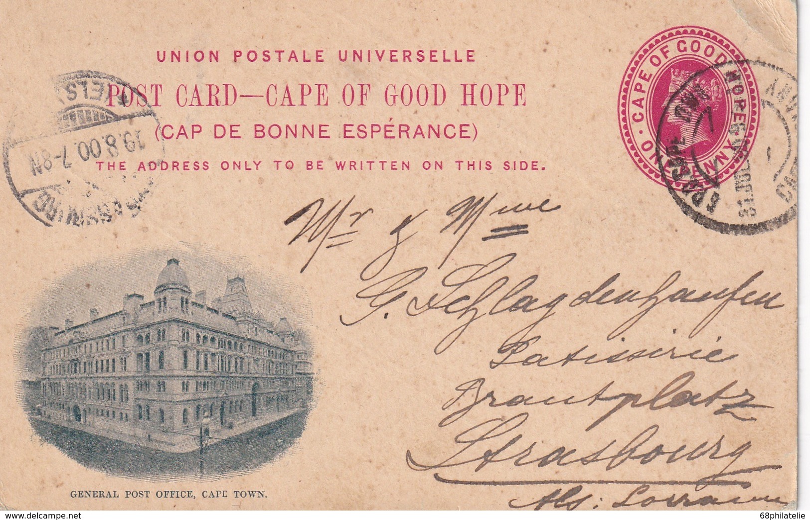 CAP DE BONNE ESPERANCE 1900  ENTIER POSTAL/GANZSACHE/POSTAL STATIONERY CARTE ILLUSTREE DE CAPE TOWN POUR STRASSBURG - Cape Of Good Hope (1853-1904)