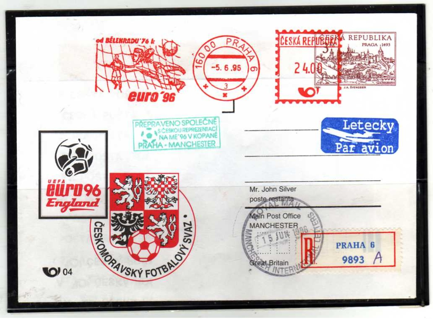 A200- CZECH REPUVLIC -EURO SOCCER 1996 -SPECIAL COVER RETUR - Championnat D'Europe (UEFA)