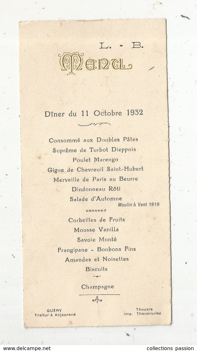 Menu, 1932 , Guéry , Traiteur à Anjaurand  , Frais Fr 1.45 E - Menu