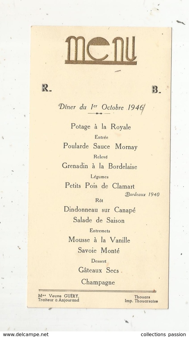 Menu, 1946 ,  Veuve Guéry , Traiteur à Anjaurand  , Frais Fr 1.45 E - Menu