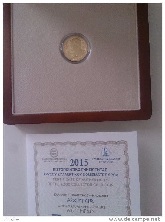 Greece 2015 Archimedes Gold Coin 200 Euros UNC With Box And Certificate - Grèce