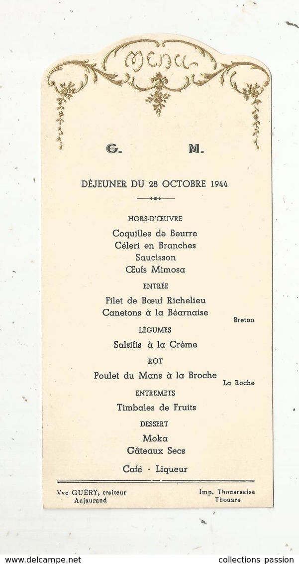 Menu , 1944 ,Veuve Guéry , Traiteur , Anjaurand ,frais Fr 1.45 E - Menu