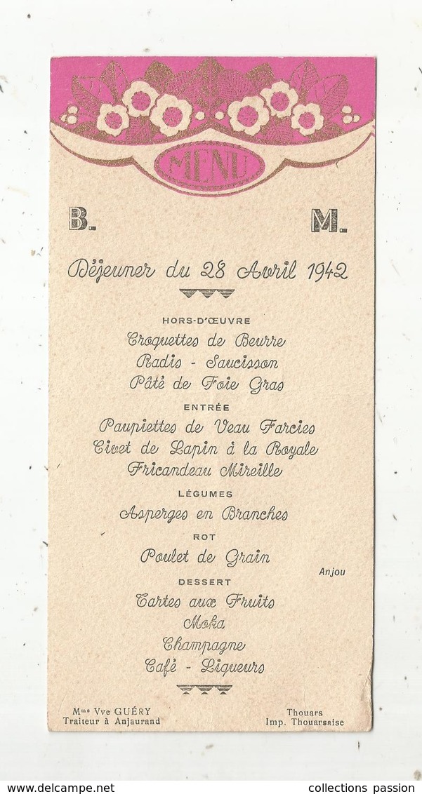 Menu , 1942 ,Veuve Guéry , Traiteur , Anjaurand , Frais Fr 1.45 E - Menu