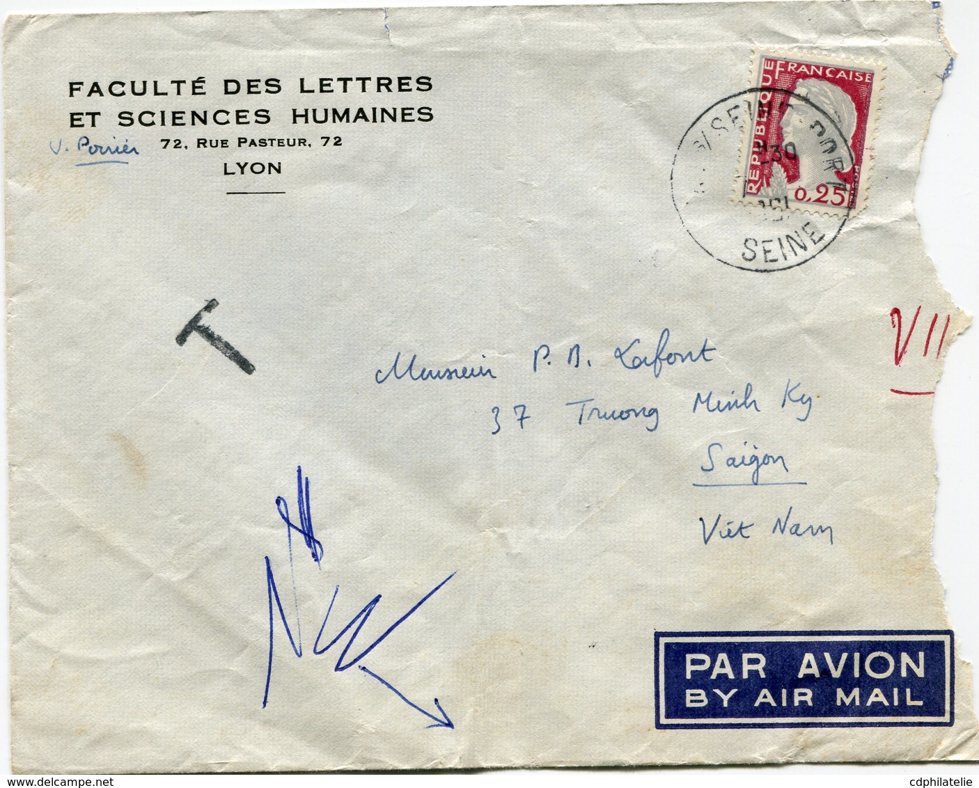 FRANCE LETTRE PAR AVION DEPART ? S/SEINE PORT ?-?-1961 SEINE TAXEE A L'ARRIVEE A SAIGON LE 11-?-1961 VIETNAM - 1960 Marianne (Decaris)
