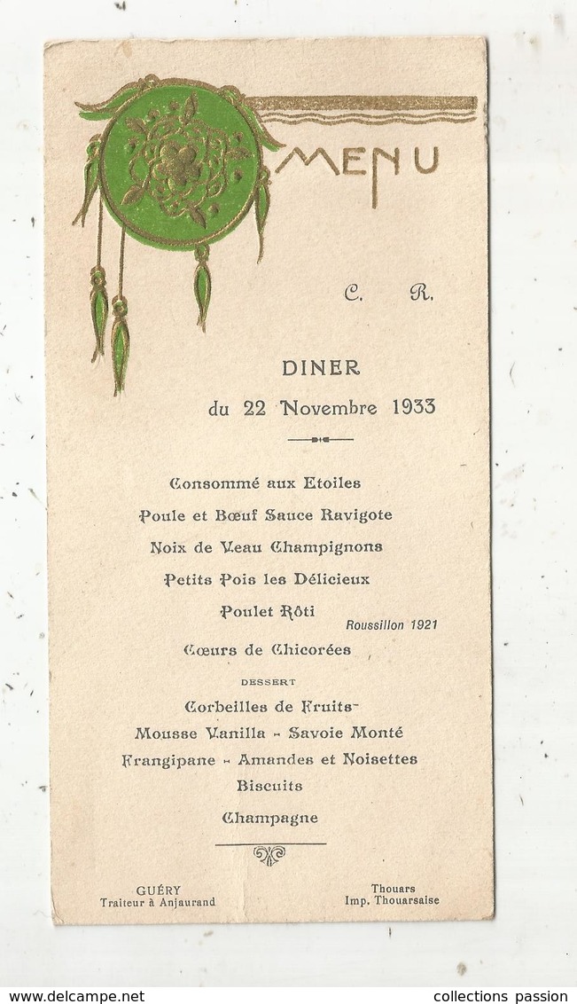 Menu , 1933, Guéry , Traiteur , Anjaurand , Frais Fr 1.45 E - Menu