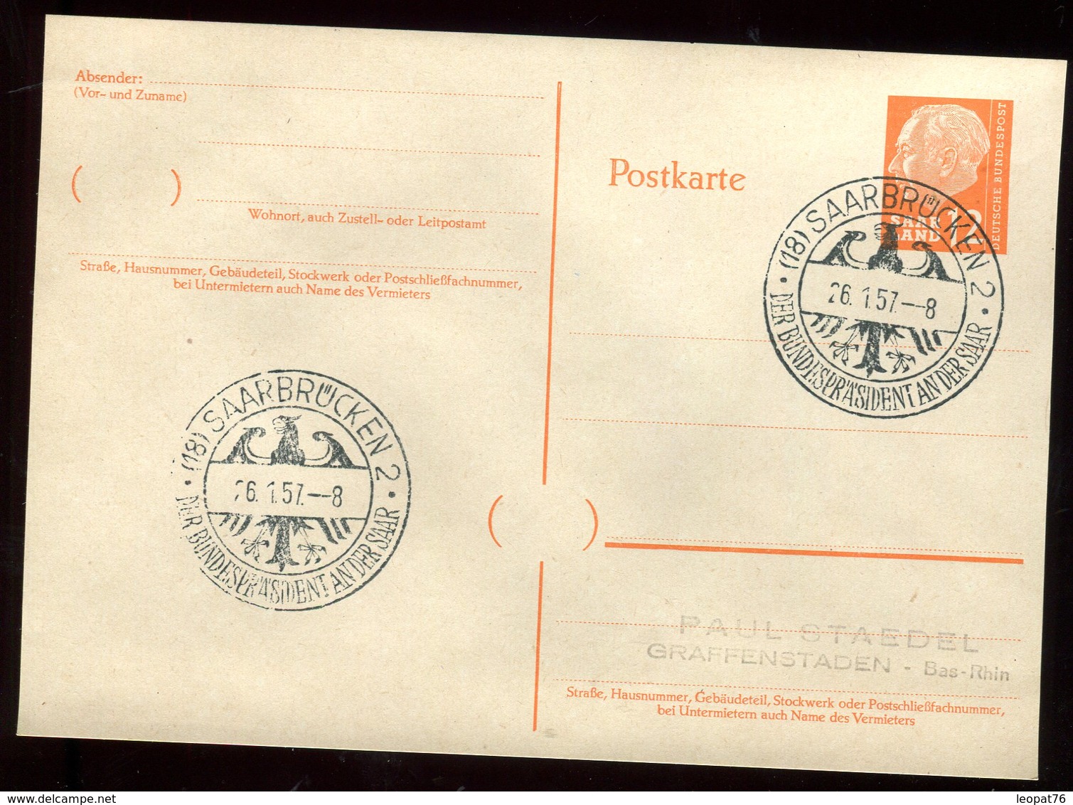 Sarre - Entier Postal En 1957 , Oblitération Commémorative - O 346 - Postwaardestukken