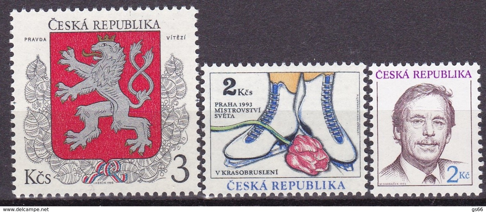 1993, Tschechische Republik,Ceska,  01/03, Wappen+Eiskunstlauf+ Václav Havel. MNH ** - Ungebraucht