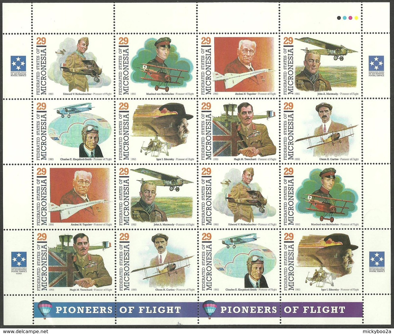 MICRONESIA 1993 AIRCRAFT PIONEERS TUPOLEV SIKORSKY CURTISS RAF MILITARY MNH - Micronesia