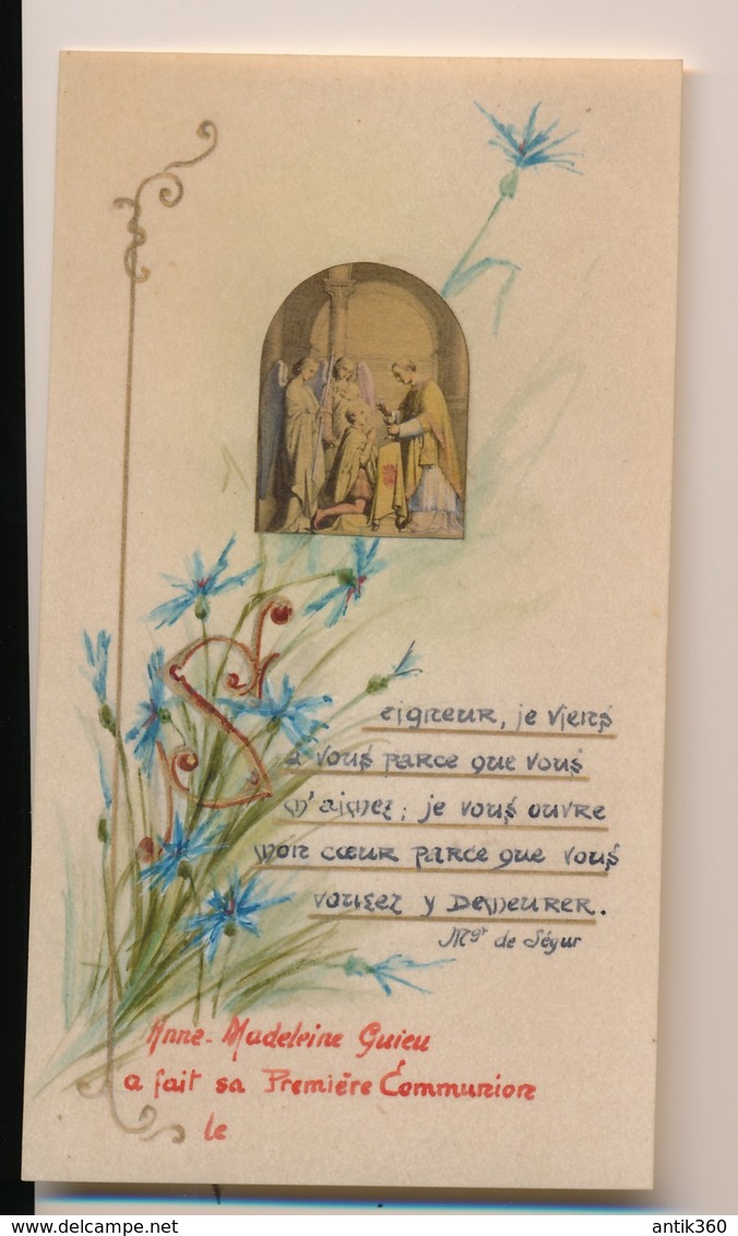Image Pieuse Peinte Main Souvenir Première Communion Citation Monseigneur De Ségur- Holy Card - Andachtsbilder