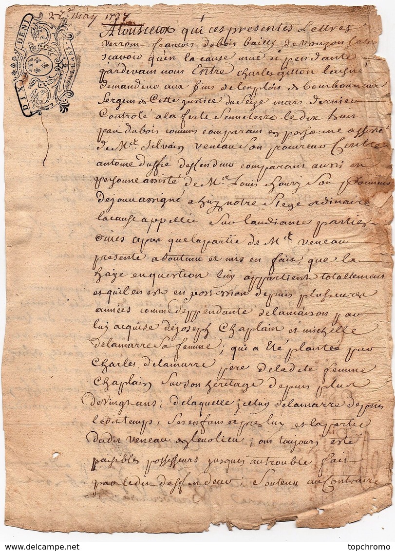 Acte Jugement Dubois Bailly Vouzon Manuscrit Litige Haye Gitton Duffié Cachet Généralité D'Orléans Dix Deni 1737 2 Pages - Manoscritti