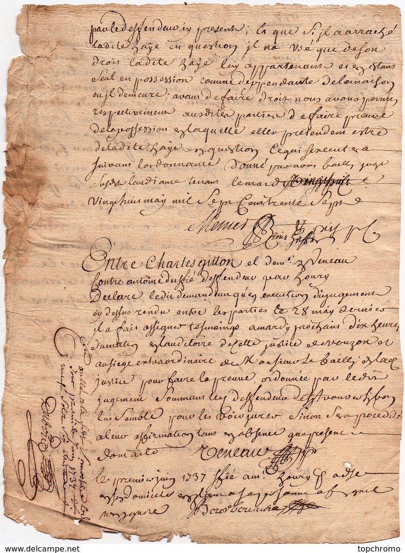 Acte Jugement Dubois Bailly Vouzon Manuscrit Litige Haye Gitton Duffié Cachet Généralité D'Orléans Dix Deni 1737 2 Pages - Manoscritti