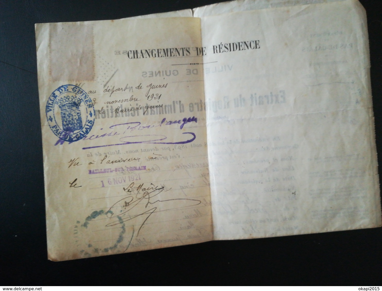 EXTRAIT DU REGISTRE D IMMATRICULATION D UN BELGE QUI S INSTALLE À GUINES PAS -  DE -  CALAIS  FRANCE TIMBRE FISCAL 1921 - Documents Historiques