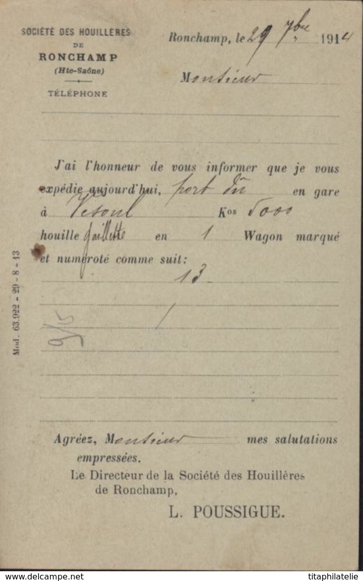 Entier CP 10c Semeuse Rouge Camée CAD Ronchamp Hte Saône 29 9 14 Repiquage Sté Des Houillères Charbon Date 305 - Cartoline Postali Ristampe (ante 1955)