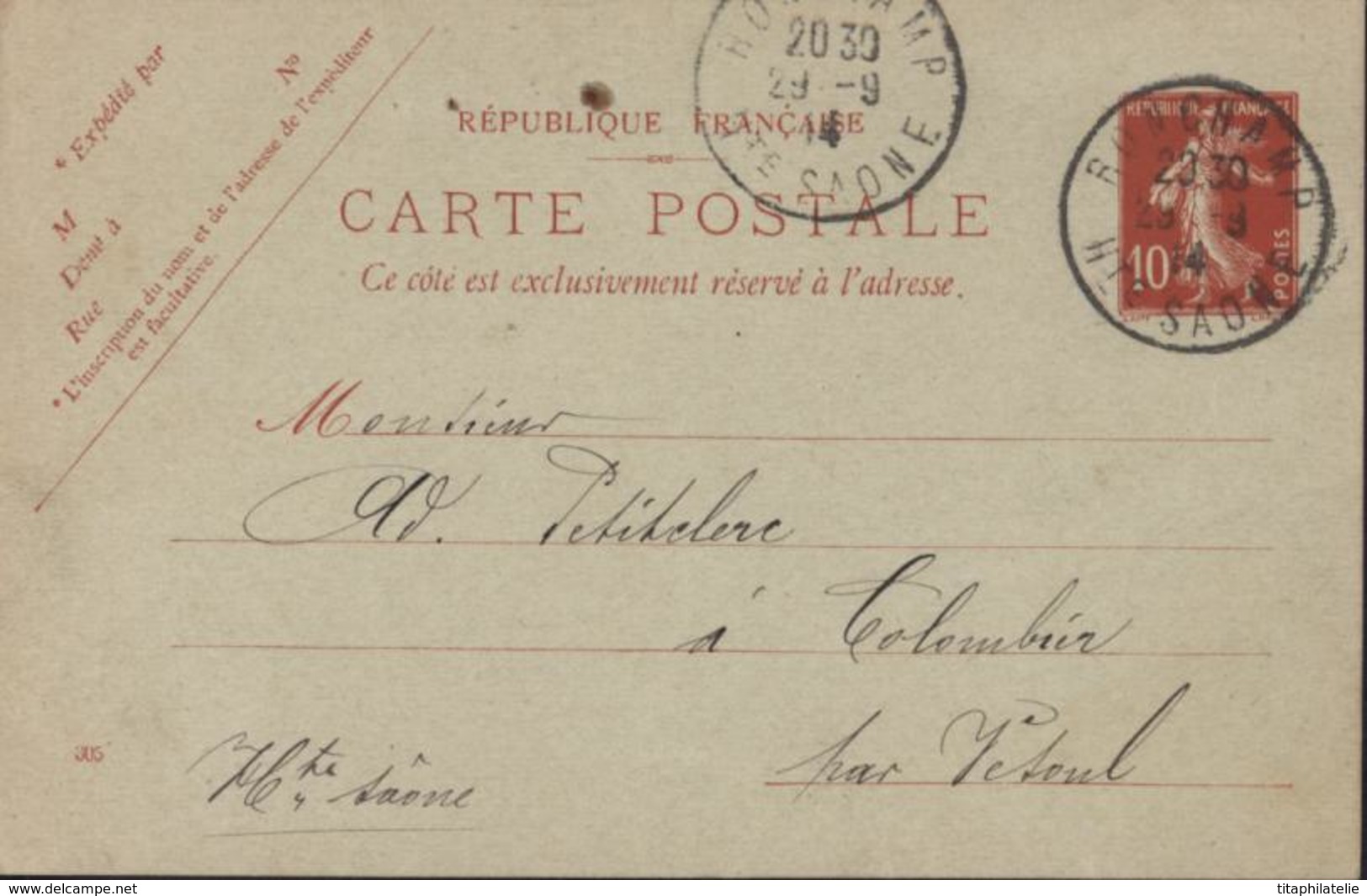 Entier CP 10c Semeuse Rouge Camée CAD Ronchamp Hte Saône 29 9 14 Repiquage Sté Des Houillères Charbon Date 305 - Overprinter Postcards (before 1995)