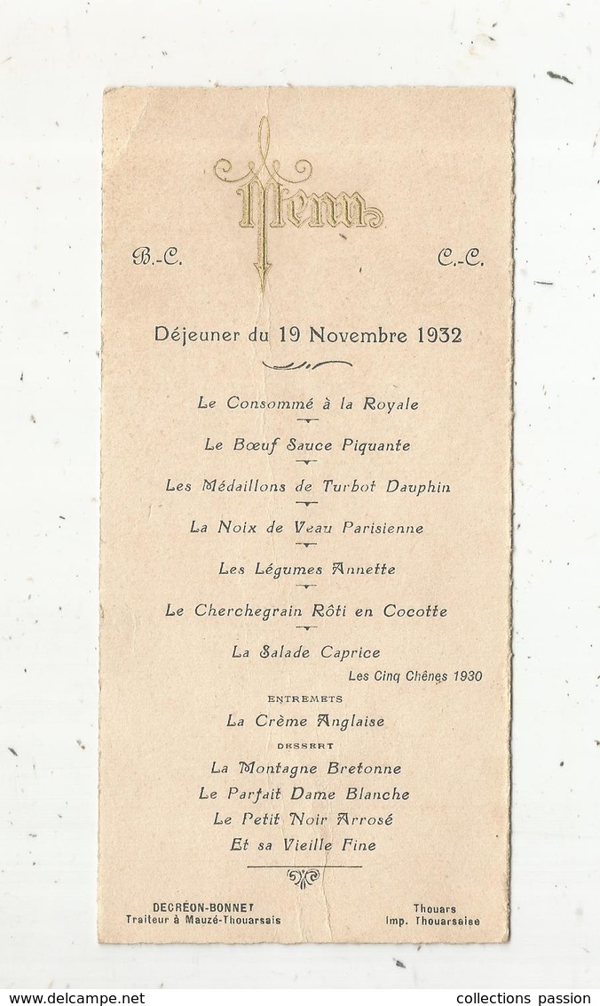 Menu , 1932, Décréon-Bonnet , Traiteur à Mauzé-Thouarsais , Frais Fr 1.45 E - Menu