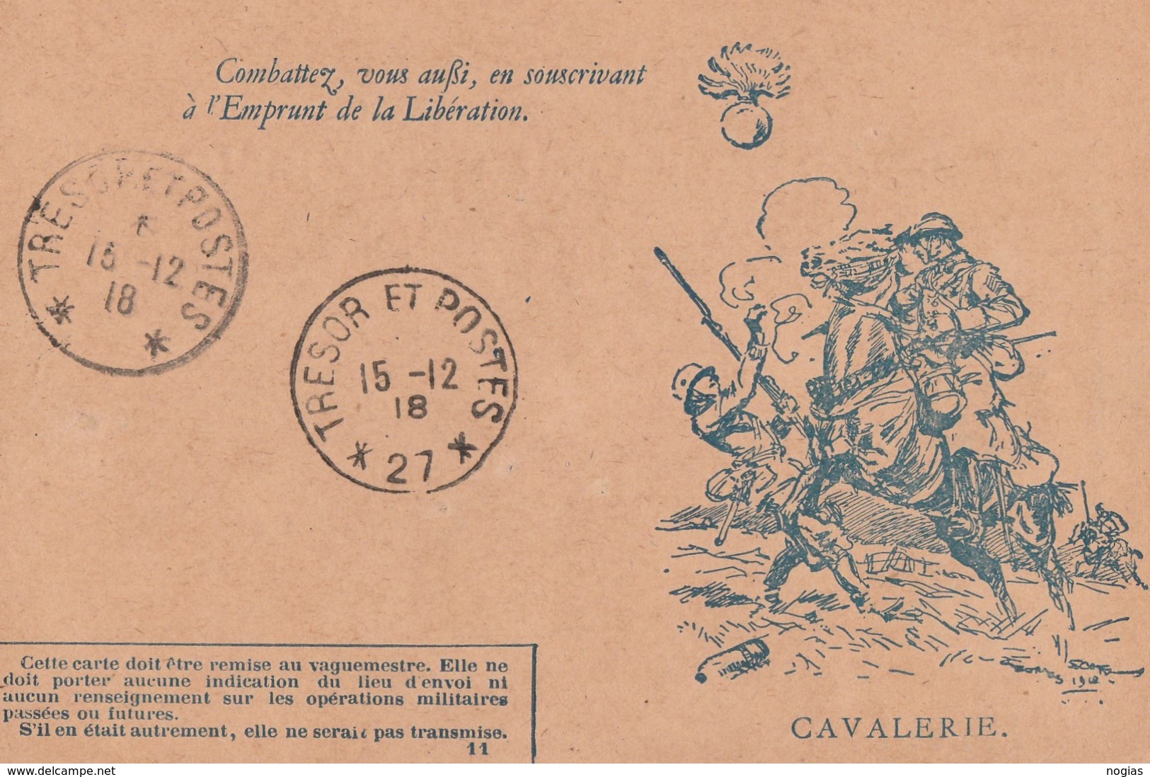 "COMBATTEZ VOUS AUSSI, EN SOUSCRIVANT A L'EMPRUNT DE LA LIBERATION" - L'EFFIGIE DE LA CAVALERIE - CARTE EN FRANCHISE - - Patriotiques