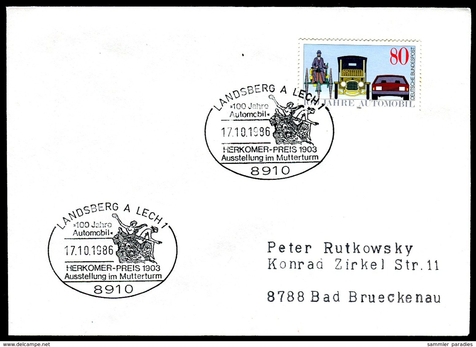 06841) BRD - Brief Mi 1268 - SoST 8910 LANDSBERG A. LECH 1 Vom 17.10.1986 - 100 Jahre Automobil - Maschinenstempel (EMA)