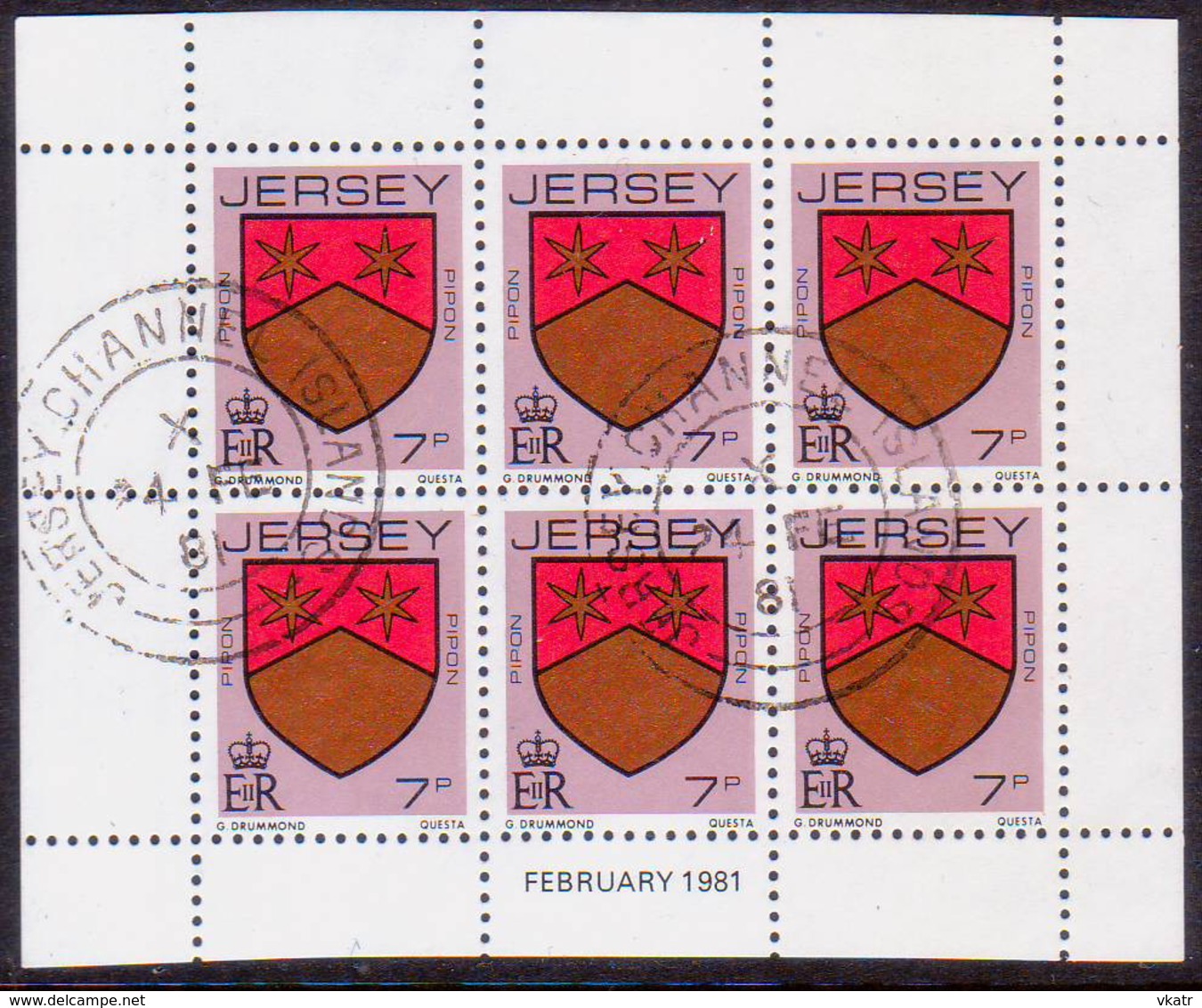 JERSEY 1981 SG #256a 7p Booklet Pane Of 6 Used Perf.14 - Jersey