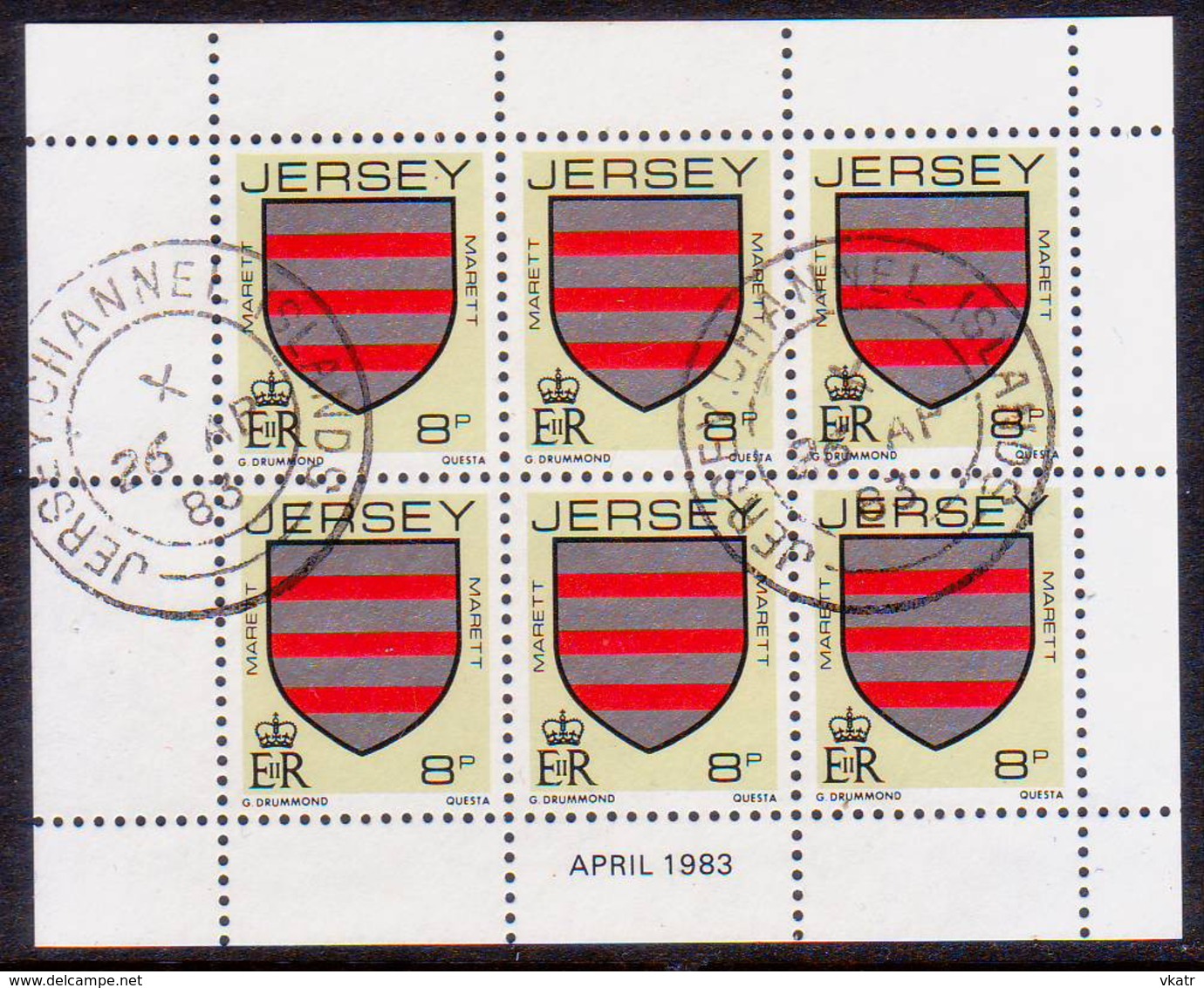 JERSEY 1983 SG #257a 8p Booklet Pane Of 6 Used Perf.14 - Jersey