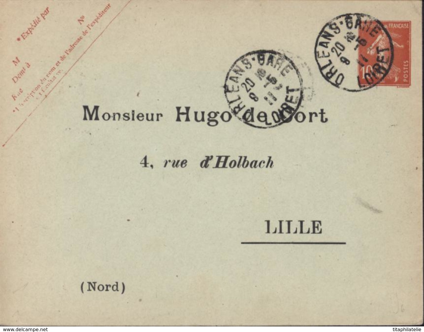 Entier Enveloppe 10 Ct Semeuse Camée Rouge 147x112 Storch E24a Repiquage Commercial Hugo De Cort Lille CAD Orléans Gare - Overprinted Covers (before 1995)