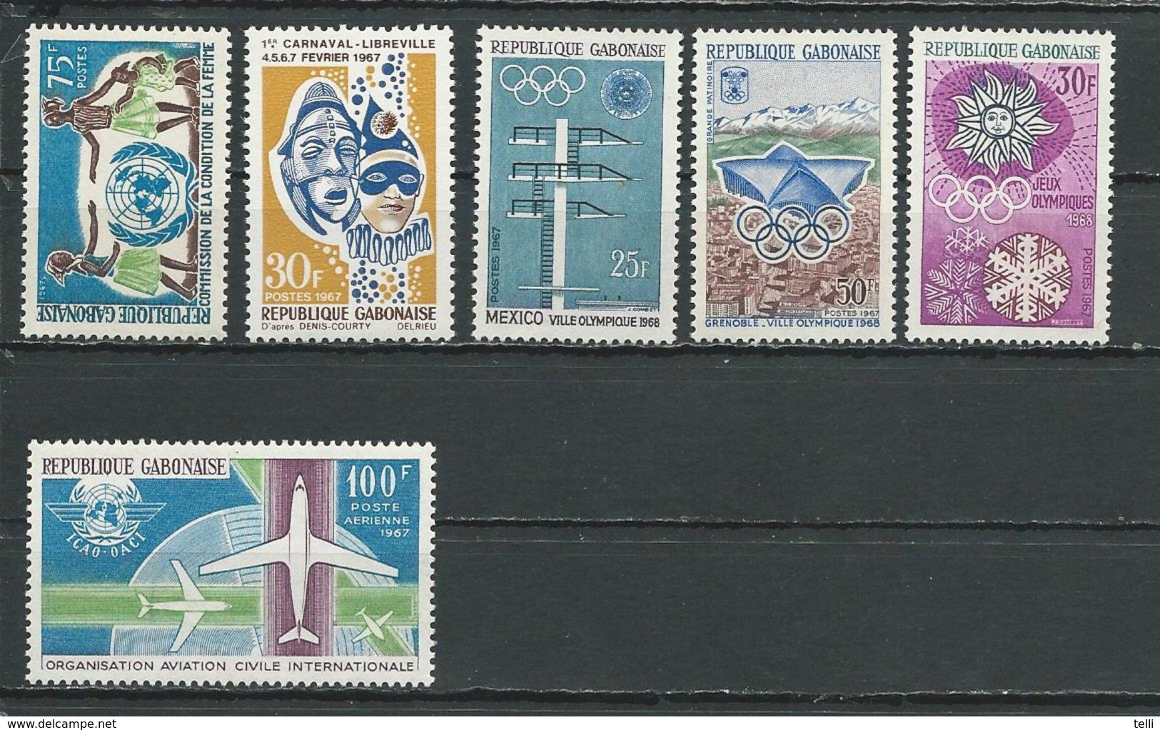 GABON  Scott 220, 211, 213-215, C53 Yvert 219, 210, 212-214, PA55 ** (6) Cote 9,10  $ 1967 - Gabon (1960-...)