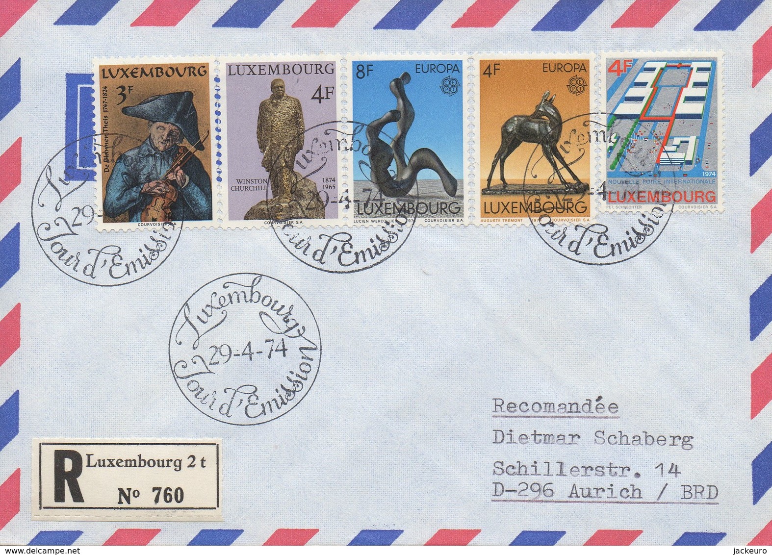 RE13   FDC Recommandé Europa 1974 + Churchill + Foire Internationale + De BlannenTheis    TTB - Briefe U. Dokumente