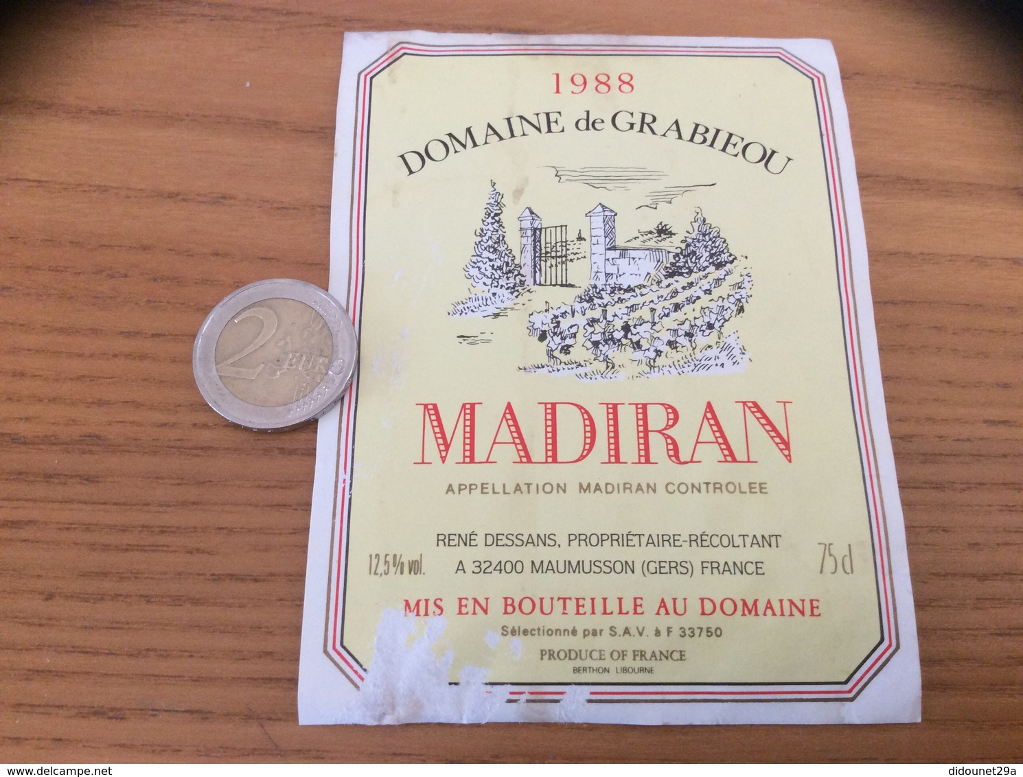 étiquette De Vin « MADIRAN - DOMAINE De GRABIEOU - RENÉ DESSANS - MAUMUSSON (32) » 1988 - Madiran