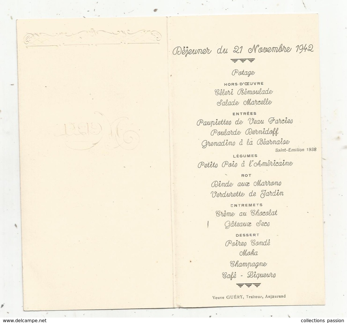 Menu 4 Pages , 1942 , Veuve Guéry , Traiteur , Anjaurand, Mariage , 2 Scans , Frais Fr 1.55 E - Menu
