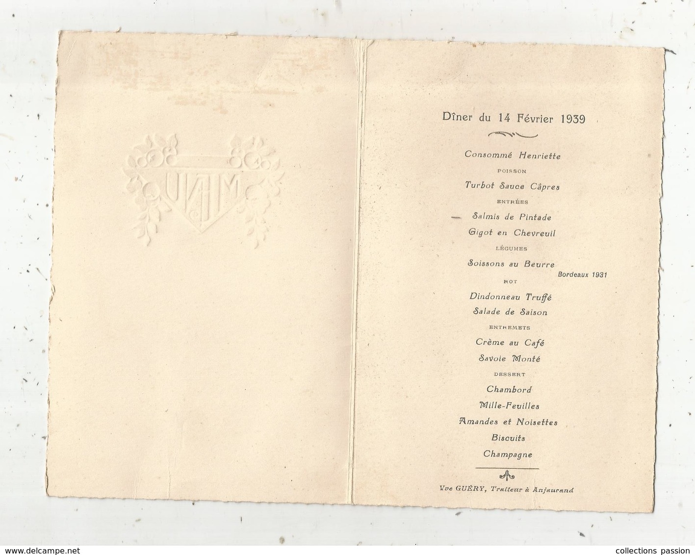 Menu 4 Pages , 1939 , Veuve Guéry , Traiteur , Anjaurand, Mariage , 2 Scans  Frais Fr 1.55 E - Menu